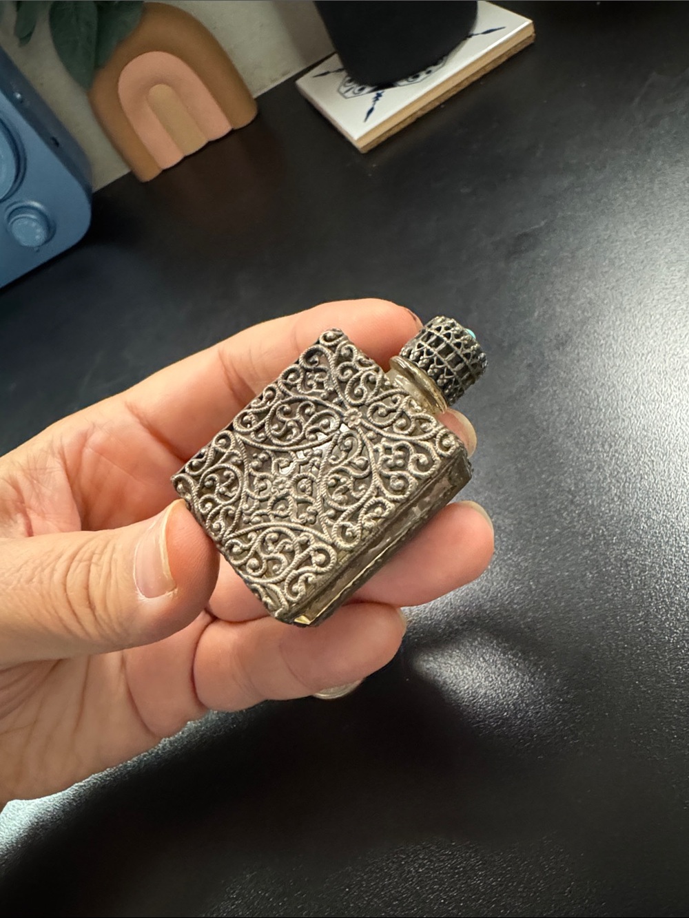 Antique Silver Overlay Glass Perfume Bottle with Turquoise Filigree - Vintage - Picture 5 of 7